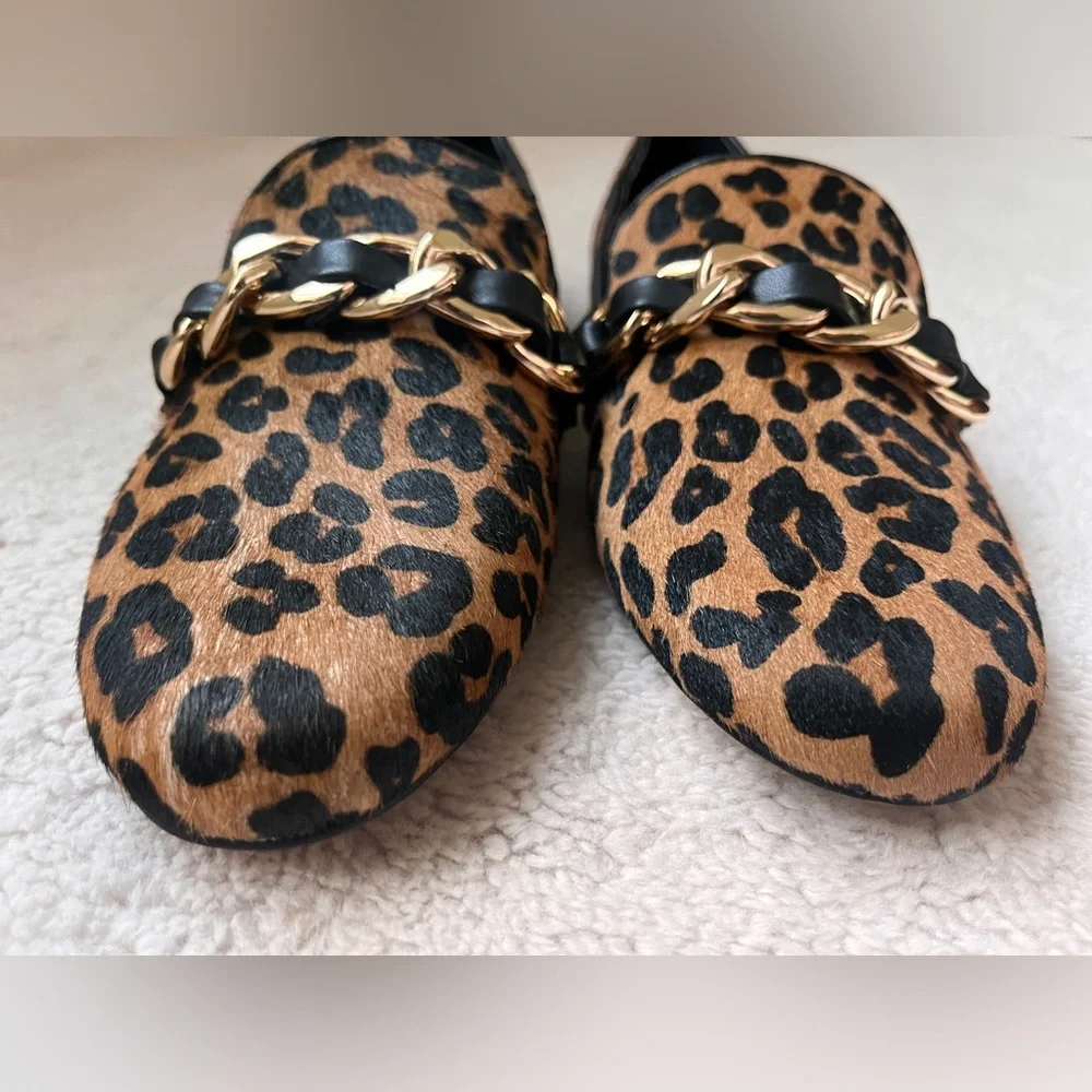 NWT Chico's Leopard Print Loafers with Gold Chain Women Size 7